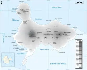 Carte de l'île de Ross montrant le cap Royds, son extrémité occidentale.