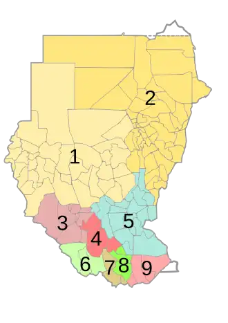Diocèses du Soudan (1 et 2), et du Soudan du Sud (3 à 9). L'archidiocèse de Djouba est le no 8