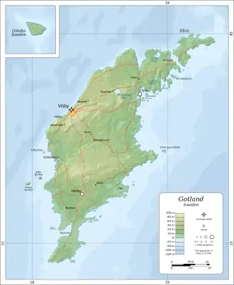 Carte topographique du comté et de la commune de Gotland avec l'île du même nom.