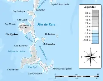 Carte de l'île Jeleznakov, à l'est de l'île Tyrtov.