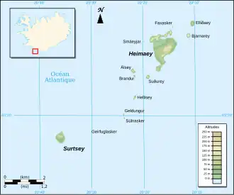 Carte des îles Vestmann avec les Smáeyjar à l'ouest de Heimaey.
