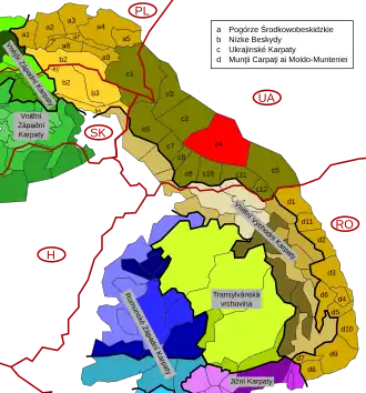 Carte de localisation des Gorgany (C4 en rouge) au sein des Carpates orientales extérieures (brun à jaune-ocre).