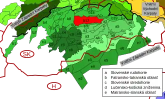 Carte de localisation des Basses Tatras au sein des Carpates occidentales intérieures.