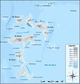 Carte des îles Vostotchnye, l'île Salome se situe entre les îles Bianki et Matros.