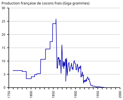 graphique illustrant l'évolution de la production de soie