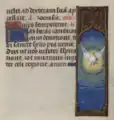 Colombe du Saint-Esprit, auréolée, dans une architecture de bois (fol. 35 r.)