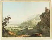 Représentation de Bex au XVIIIe siècle, avec la Tour de Duin à droite de l'image.