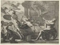Calais et Zetes chassent les Harpies du roi Phineus, Michel Dorigny d'après Simon Vouet, 1651.