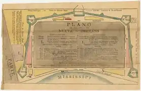 Carte en espagnol de La Nouvelle-Orléans, le 6 août 1800, noter à l'Est, "Habitacion de Don Pedro de MARIGNY"