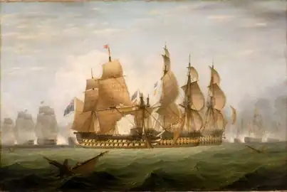 Peinture anonyme du début XIXe&nbsp;siècle montrant le même épisode avec le HMS Captain au premier plan : les pavillons anglais flottant au-dessus des pavillons espagnols indiquent que les deux navires espagnols sont désormais capturés.