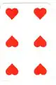 Six de cœur, jeu hongrois. La valeur de la carte n'est pas indiquée en chiffre dans les coins.