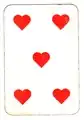Cinq de cœur, jeu hongrois. La valeur de la carte n'est pas indiquée en chiffre dans les coins.