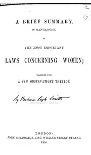 Couverture d'un livre sur lequel est écrit en anglais, un bref résumé, en langage simple, des lois les plus importantes concernant les femmes, avec quelques observations à ce sujet