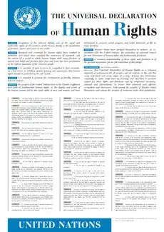 Affiche sur laquelle est imprimée un texte sur trois colonnes surmontées d'un chapeau, comportant des titres composés à l'encre bleue.