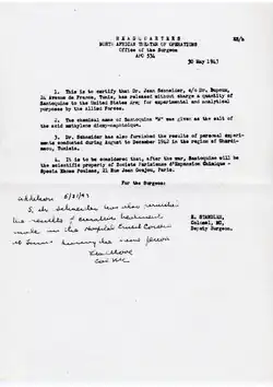 Lettre du 30 et 31 mai 1943 signée par les autorités sanitaires de l'armée de Etats-Unis d'Amérique