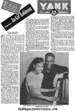 Photographie en noir et blanc de Jackie Robinson avec sa future épouse, Rachel Isum, en 1945, dans un article de presse