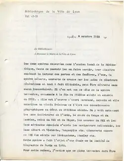 Lettre tapée à la machine à écrire à l'en-tête de la ville de Lyon.