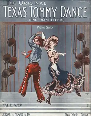 Couverture de partition musicale montrant des danseurs dansant le Texas Tommy, illustrée par Walter P. Starmer&nbsp;(en) (1914).