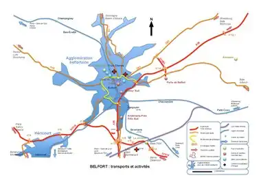 carte présentant les transports et zones d'activités principales de l'agglomération belfortaine