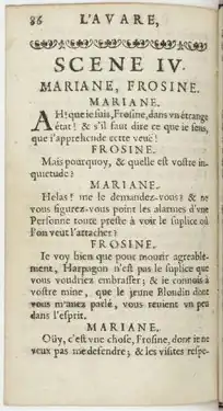 La scène de la rencontre entre Harpagon et Marianne s'ouvre sur la première page de la scène 4 de l'acte III de l'édition originale.